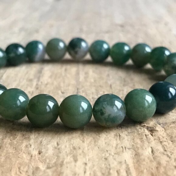 8mm Moss Agate Beaded Gemstone Stretch Bracelet - Picture 4 of 6